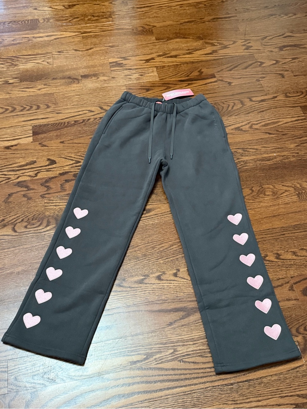 Girls' Black Sweatpants with Pink Heart Trim